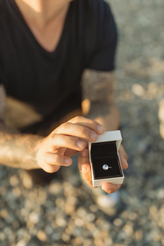 a close up of a person holding a cell phone, inspired by L. A. Ring, happening, man proposing his girlfriend, platinum, oceanside, letterboxing