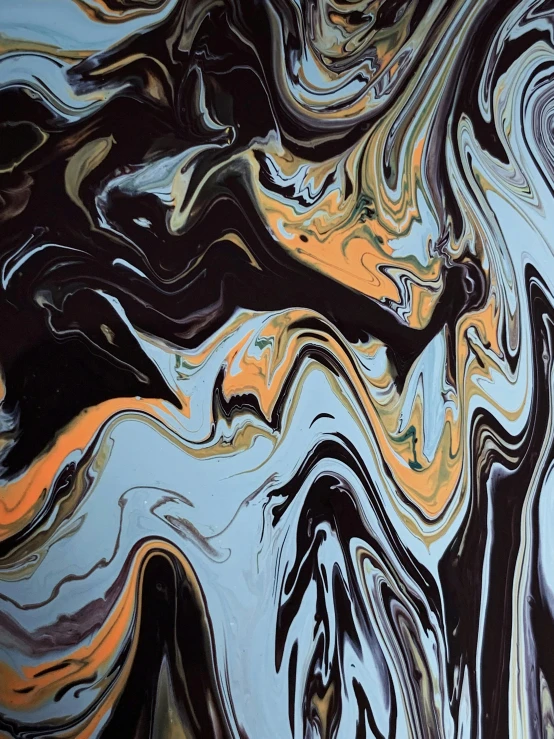 a close up of a painting of a person on a surfboard, an abstract painting, trending on pexels, marbling effect, black gold light blue, black and orange colour palette, made of liquid metal and marble