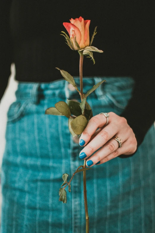 a woman holding a rose in her hand, a colorized photo, inspired by Elsa Bleda, trending on unsplash, blue pants, wearing two metallic rings, stems, high quality photo