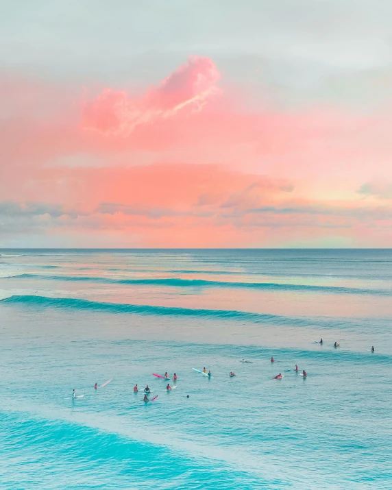 a group of people standing on top of a beach next to the ocean, by Elaine Hamilton, pexels contest winner, fine art, pink and blue gradients, surfing, flatlay, canvas art