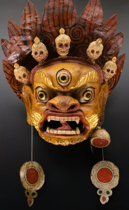 a close up of a mask on a wall, dharma artifacts, slide show, portrait n - 9, devils