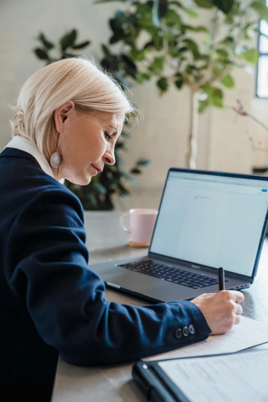 a woman sitting at a desk working on a laptop, by Nicolette Macnamara, white haired lady, pen and paper, amanda lilleston, thumbnail