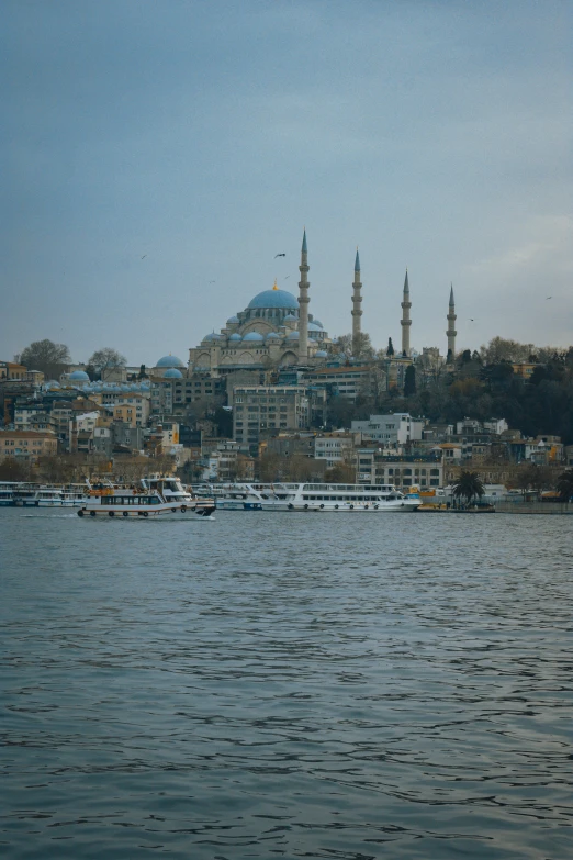 a large body of water with a city in the background, a colorized photo, inspired by Altoon Sultan, pexels contest winner, black domes and spires, view from the sea, 256x256, turkey