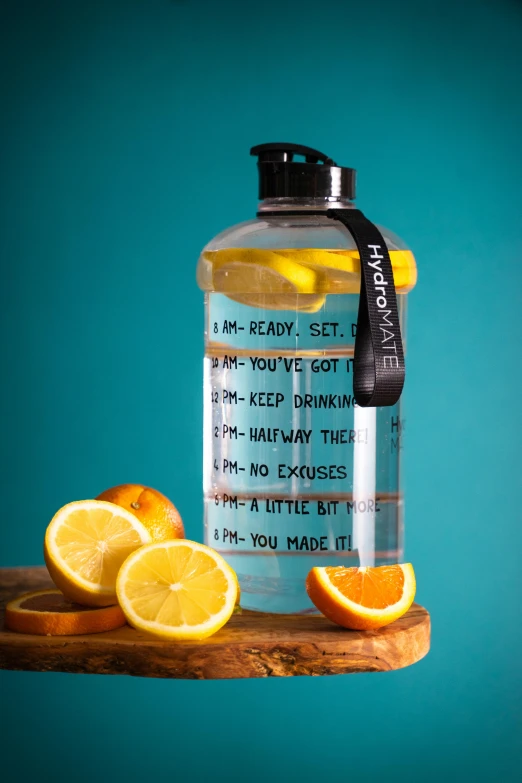 a water bottle sitting on top of a wooden cutting board, a picture, highly detailed labeled, lemon slices float on the water, thumbnail, hero shot