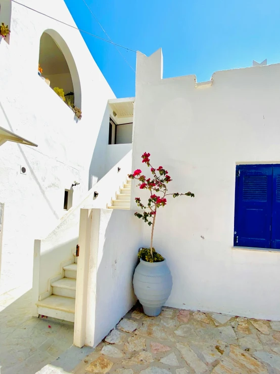 a white building with a blue door and stairs, al fresco, jimin\'s grecian nose, slide show, well shaded