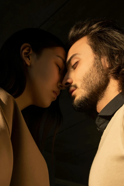 a man and a woman kissing in the dark, an album cover, inspired by Bálint Kiss, trending on pexels, hyperrealism, asian man, asleep, sideburns, davide sorrenti