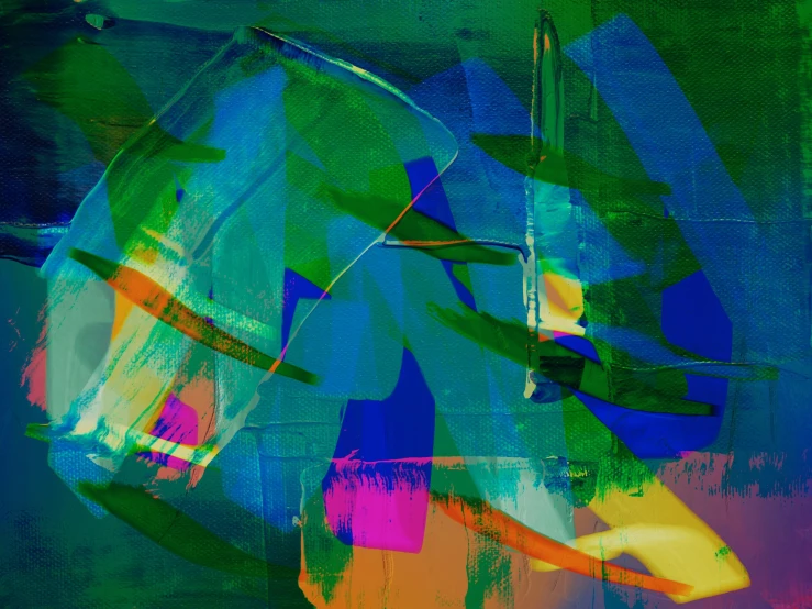 a close up of a painting on a wall, inspired by Hans Hofmann, pexels, lyrical abstraction, multicolored digital art, green and blue, digital art hi, stylized layered shapes