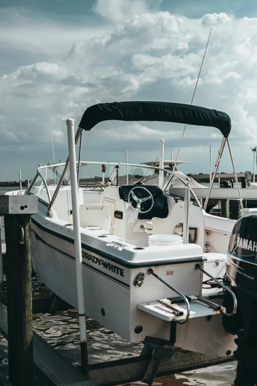 a man standing on a dock next to a boat, white in color, overhead canopy, fishing boat, instagram picture