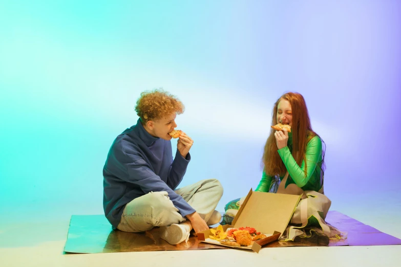 two people sitting on the ground eating pizza, by Julia Pishtar, visual art, teenager, nvidia promotional image, technicolour film, plain background