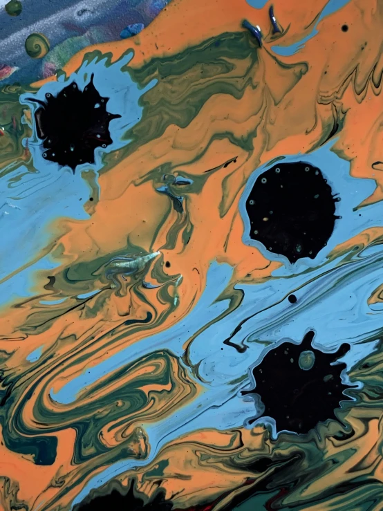a close up of paint on the surface of a body of water, inspired by Shōzō Shimamoto, reddit, space art, with black suns in the sky, blue and orange color scheme, ilustration, ferrofluids