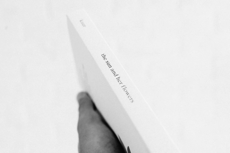 a person holding a book in their hand, an album cover, by Sara Saftleven, unsplash, fine art, white and grey, marc newson, there are flowers, hedi slimane