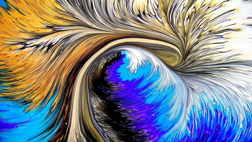 a close up of a painting of a wave, a digital painting, by Arnie Swekel, generative art, fractal feathers, digital art. colorful comic, eye of the storm, paint pour