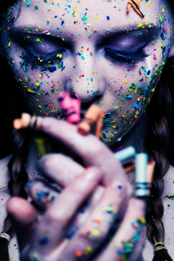 a close up of a person with sprinkles on their face, trending on pexels, crayon art, smoking woman, grungy; colorful, teenage, dark feeling