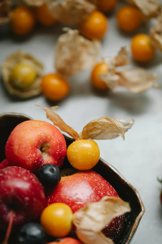 a bowl of fruit sitting on top of a table, unsplash, process art, tomatoes, muted fall colors, crispy, high quality photo