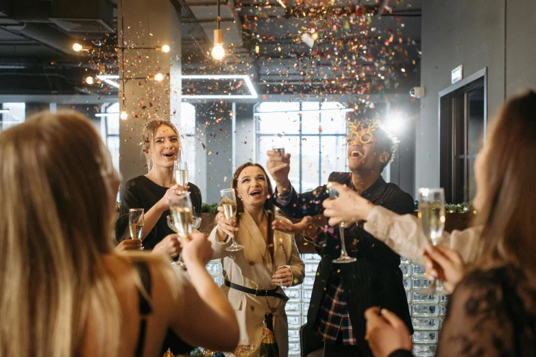 a group of people celebrating with champagne and confetti, pexels contest winner, happening, 15081959 21121991 01012000 4k, 2 5 6 x 2 5 6 pixels, delightful surroundings, melbourne