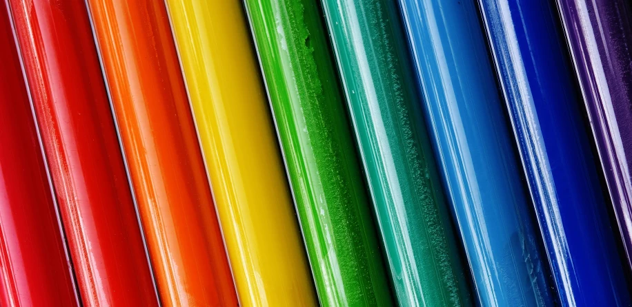 a close up of a bunch of colored pencils, a picture, inspired by Morris Louis, trending on pixabay, plasticien, patent leather, colorful glass wall, chartreuse and orange and cyan, colorful medical equipment