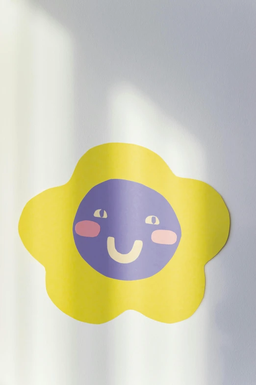 a close up of a shower curtain with a smiley face on it, a poster, inspired by Takashi Murakami, stella alpina flower, risograph poster, lavander and yellow color scheme, nursery poster