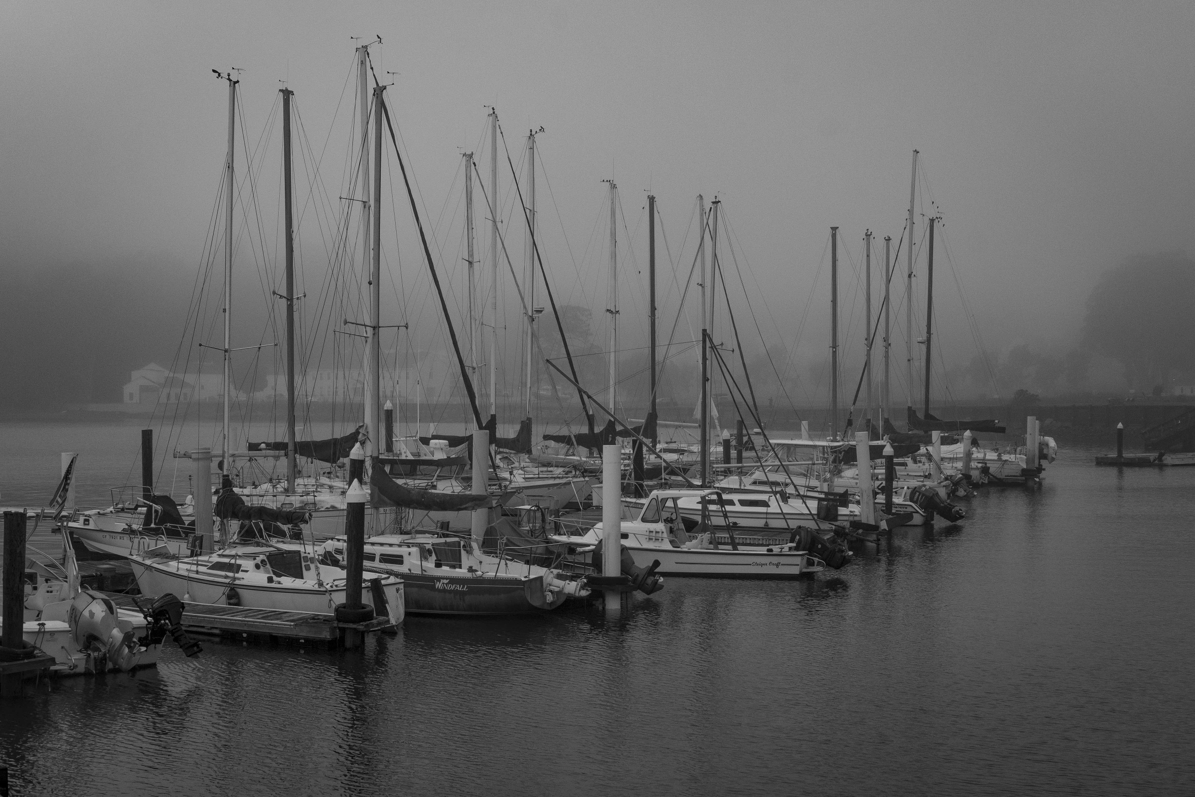 a bunch of boats that are sitting in the water, a black and white photo, by Tom Bonson, pexels contest winner, tonalism, gray fog, today\'s featured photograph 4k, standing on the mast, grayscale monochromatic