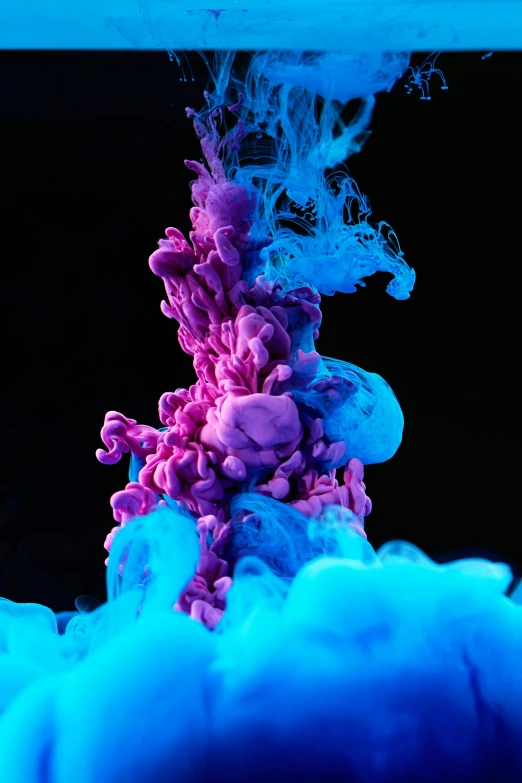 a blue and pink liquid is in the water, inspired by Kim Keever, pexels contest winner, purple smoke, abstract claymation, a purple fish, high color contrast