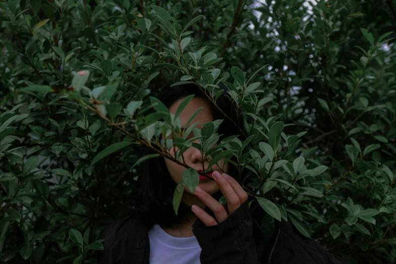 a man holding an apple in front of his face, a picture, inspired by Elsa Bleda, trending on pexels, overgrown greenery, a young asian woman, with soft bushes, avatar image