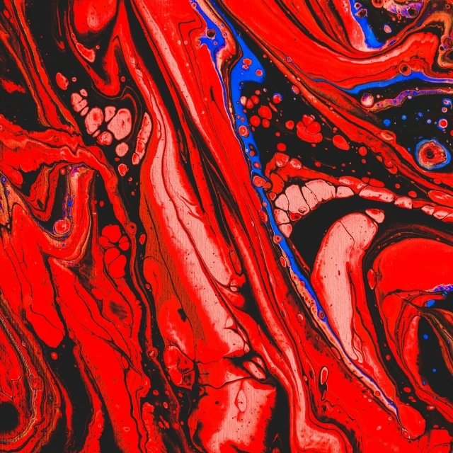 a painting with red and blue paint on it, an album cover, inspired by Shōzō Shimamoto, pexels, abstract expressionism, red glowing veins, red and obsidian neon, closeup!!!!!!, psychedelic lsd