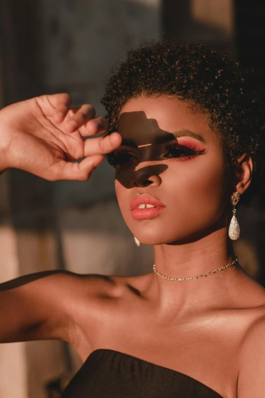 a woman in a strapless dress adjusts her sunglasses, inspired by Hedi Xandt, trending on pexels, afrofuturism, shadow play, sexy face with full makeup, cut out, beautiful surroundings