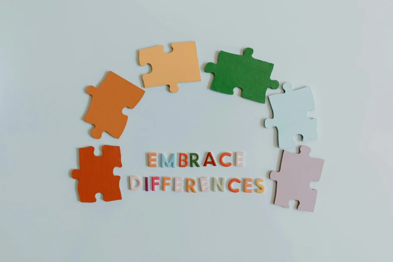 a circle of puzzle pieces with the words embrace differences, unsplash, dull colours, two different characters, strong bespoke shape language, 5k