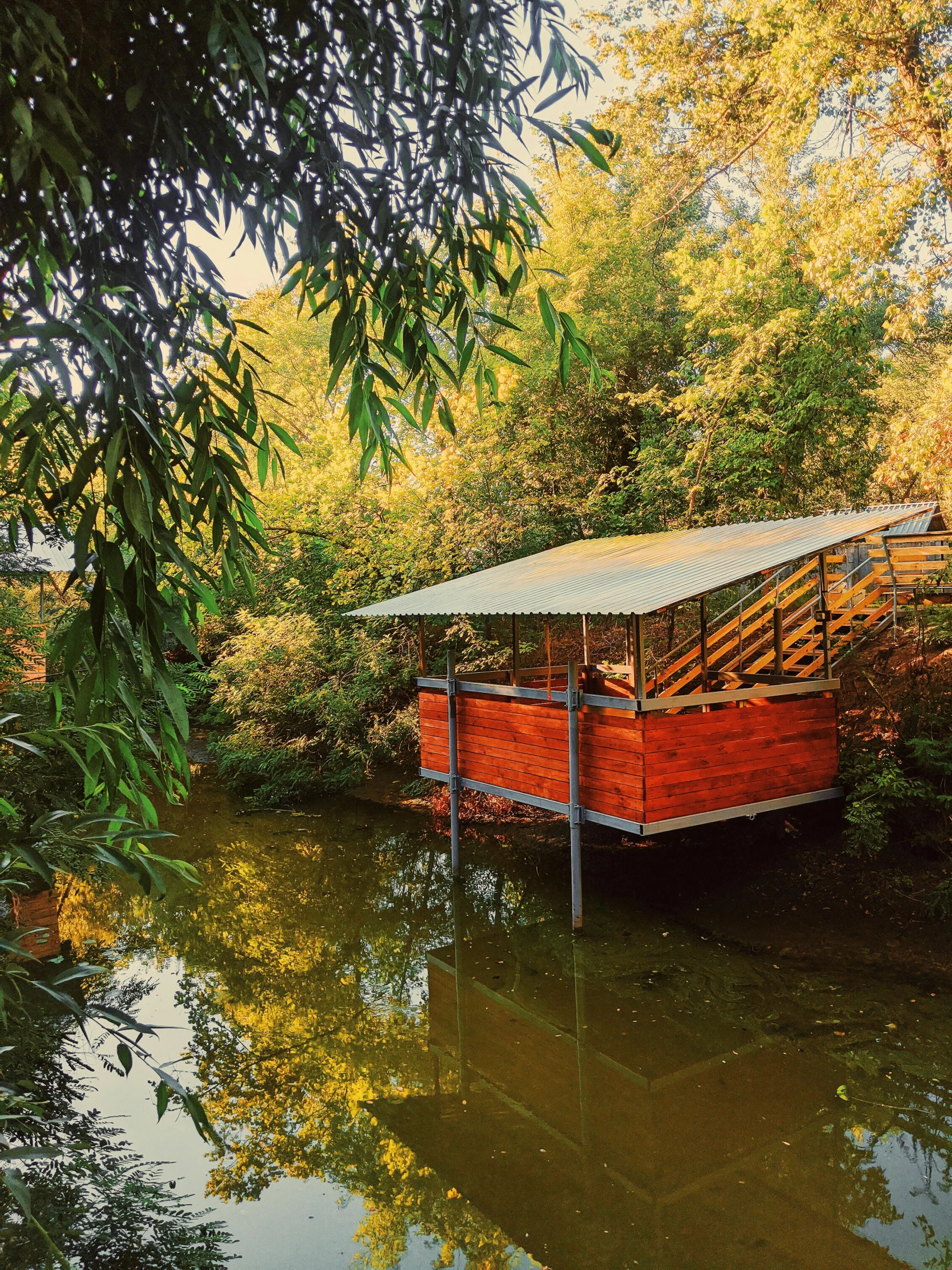 a boat sitting on top of a body of water, in a tree house, autum garden, nice afternoon lighting, slide show