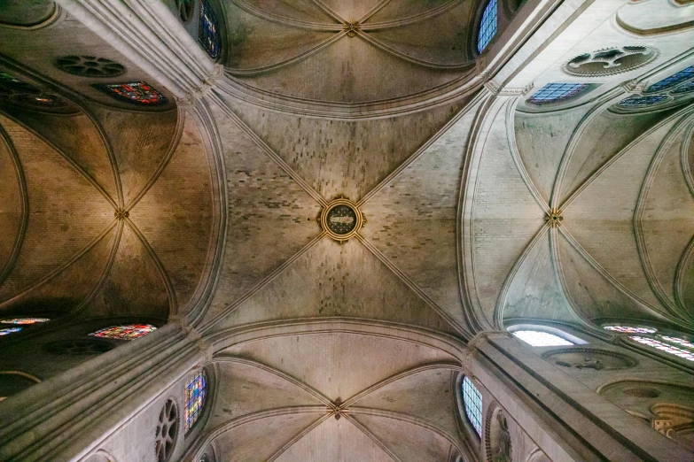 the ceiling of a cathedral with stained glass windows, an album cover, unsplash contest winner, renaissance, symmetrically, ornate french architecture, but minimalist, gopro photo