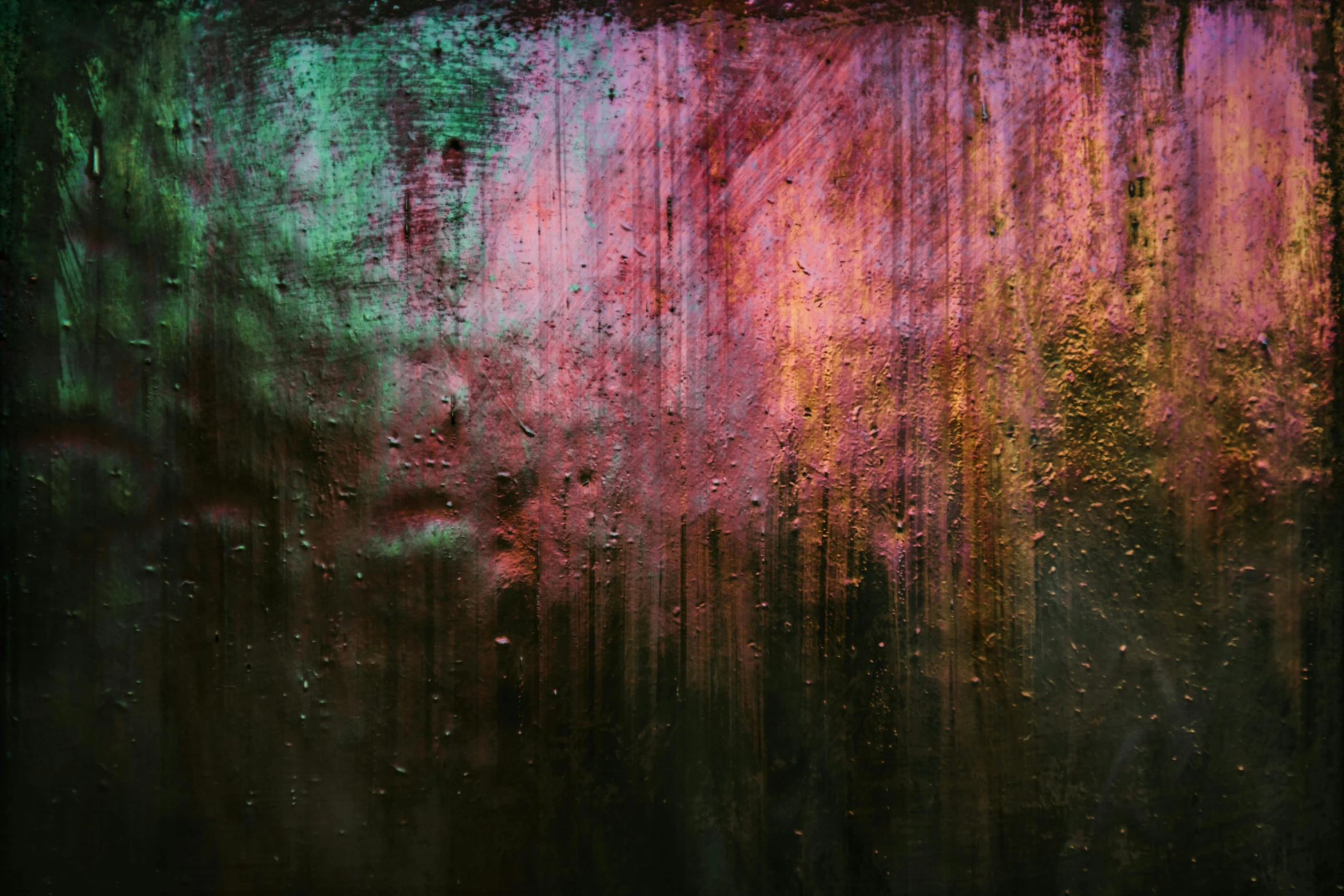 a close up of a rain covered window, inspired by Richter, unsplash, metaphysical painting, green magenta and gold, mat collishaw, dark textured background, photographed for reuters