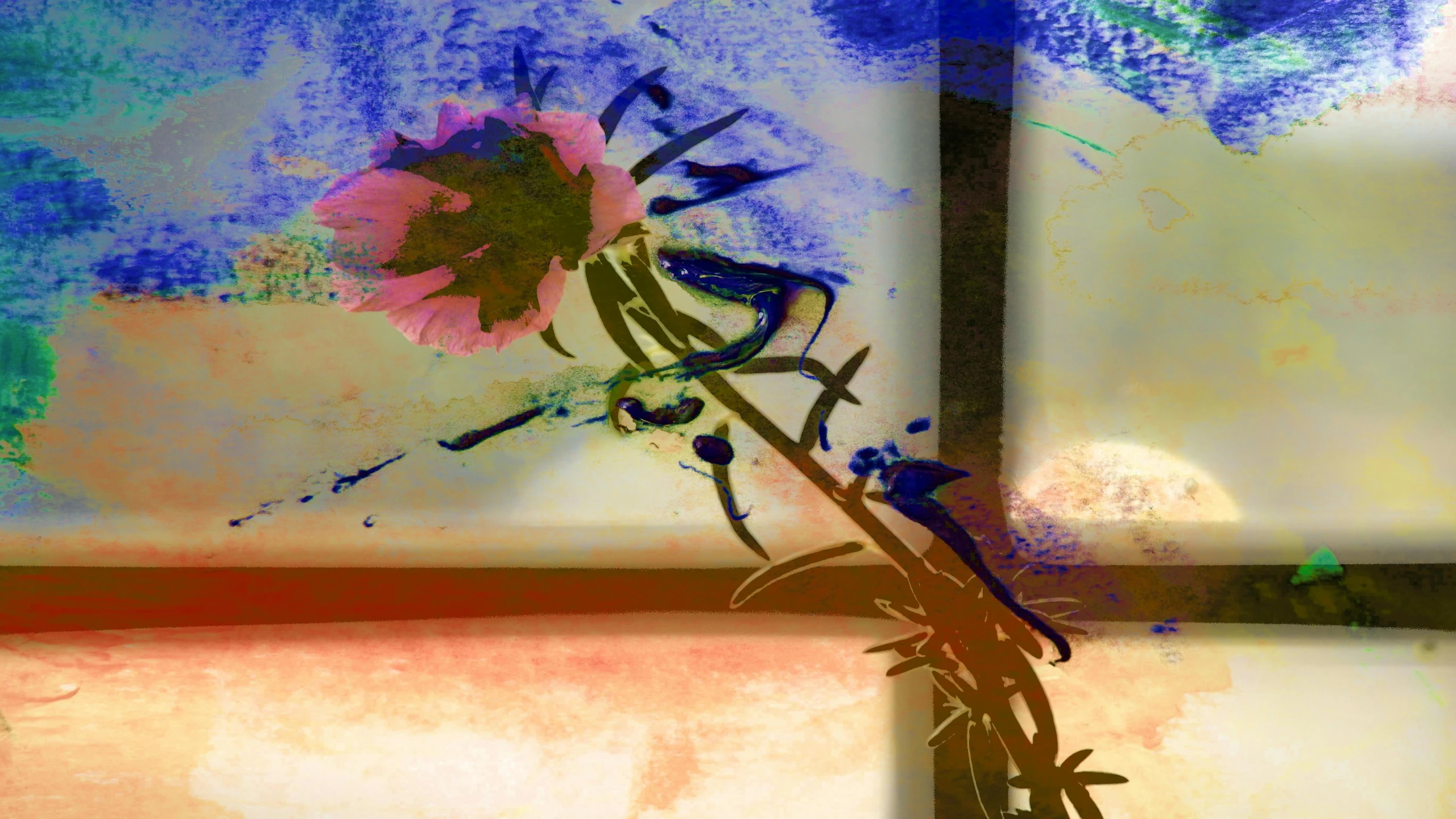 a flower in a vase sitting in front of a window, a digital painting, inspired by Julian Schnabel, lyrical abstraction, profile image, ralph steadman style, detail, at dawn