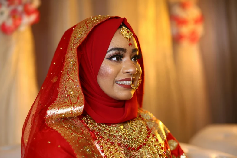 a woman dressed in a red and gold outfit, instagram, hurufiyya, close-up photograph, sheikh, thumbnail, wedding