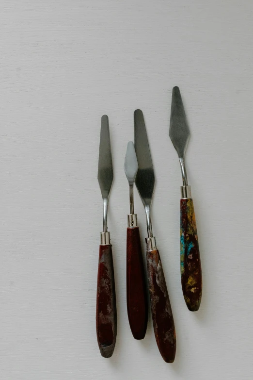 four knives sitting next to each other on a table, inspired by Kyffin Williams, modernism, multi layered thick brush marks, brown red blue, surgical implements, panorama