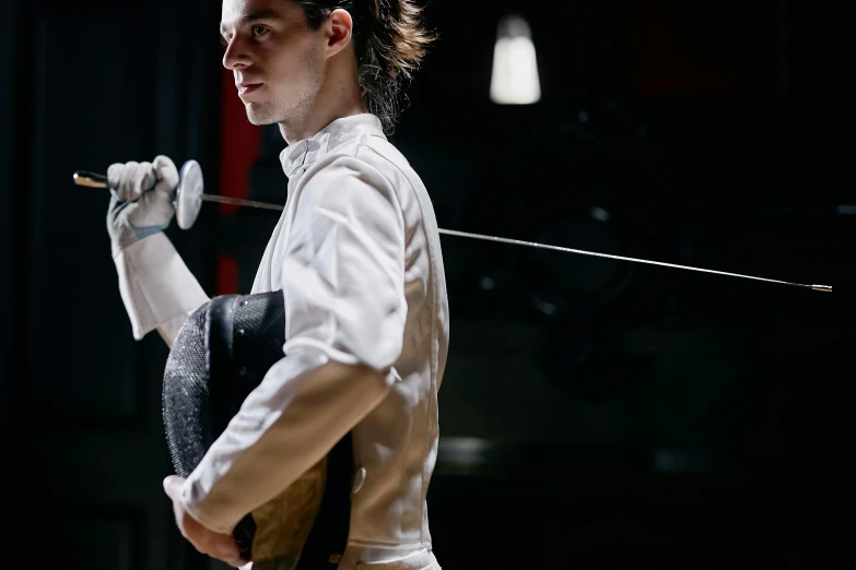 a man in a fencing stance holding a sword, a portrait, by Meredith Dillman, pexels contest winner, plating, thumbnail, tournament, eng kilian