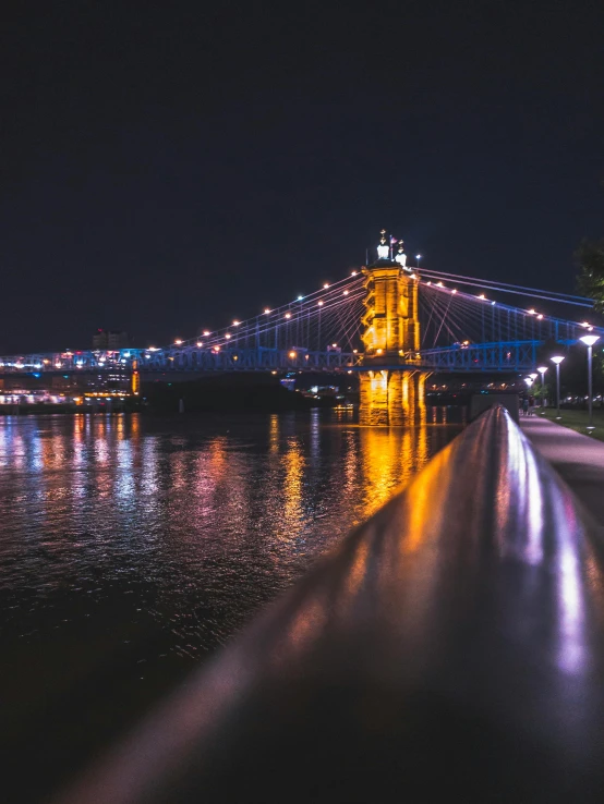 a bridge over a body of water at night, by Adam Szentpétery, pexels contest winner, pittsburg, portrait of tall, golden glistening, riverside