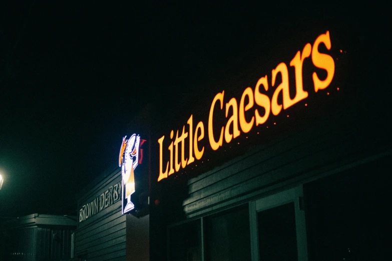 a little caesar's restaurant lit up at night, a cartoon, unsplash contest winner, australian tonalism, bright signage, the little circus of horrors, profile image, cascade