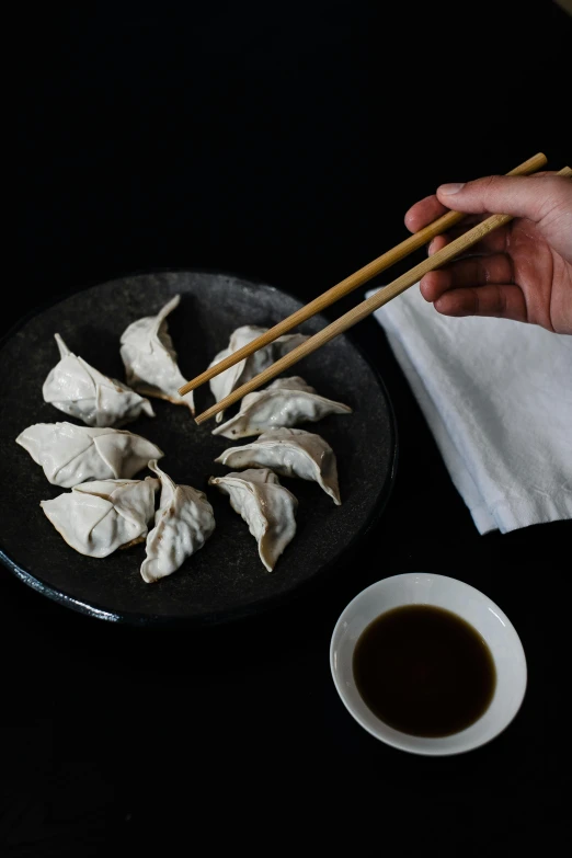 a person holding chopsticks over a plate of dumplings, unsplash contest winner, mingei, wearing silver silk robe, on black background, sydney hanson, high quality product image”