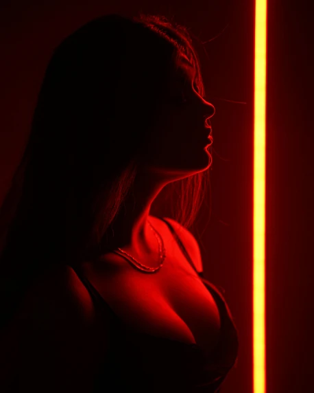 a woman standing in front of a red light, pexels contest winner, light and space, young sensual woman, profile image, neon lines, lesbians