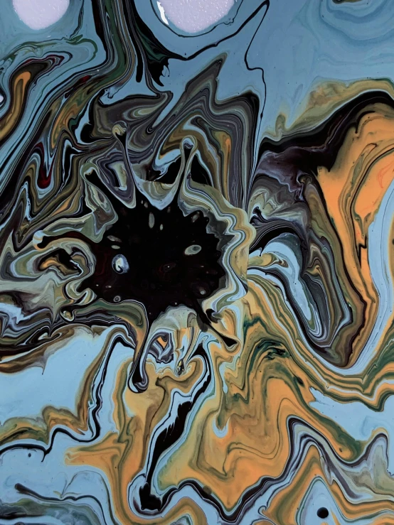 a painting with a black hole in the middle of it, an abstract drawing, inspired by Jules Olitski, reddit, mocha swirl color scheme, blue gold and black, made of ferrofluid, digital art but as photography