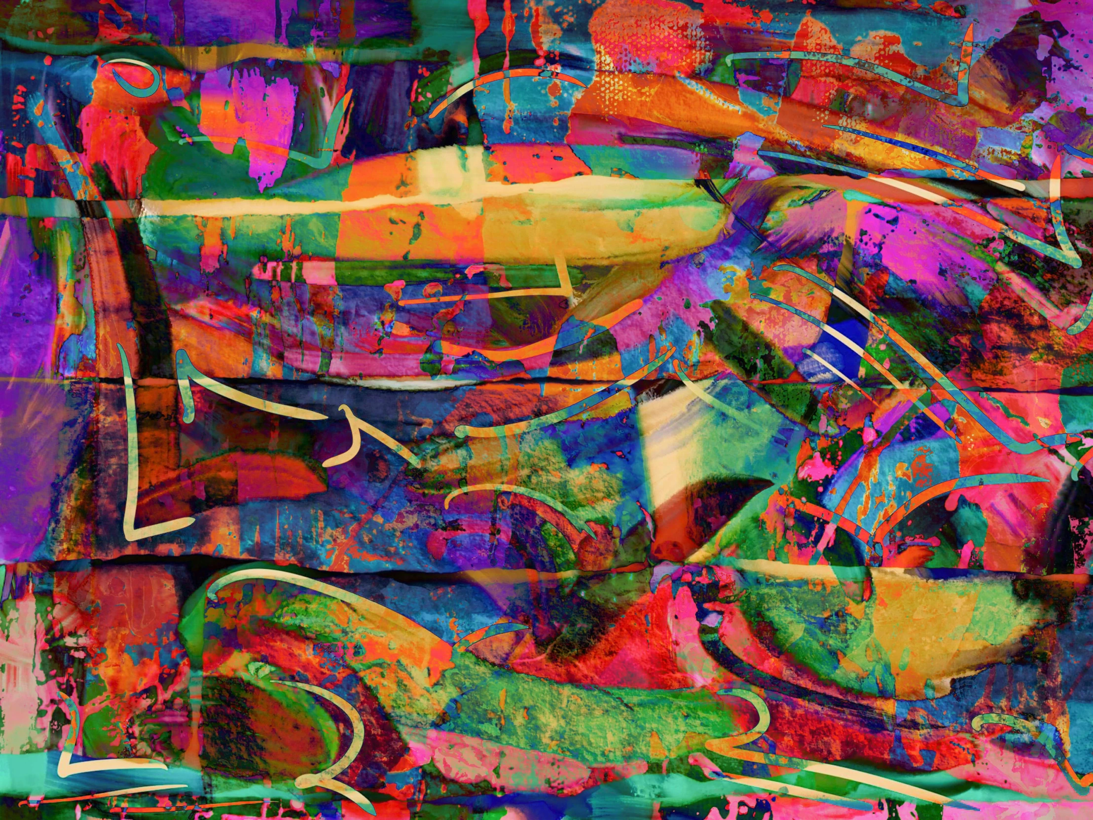 a painting of a bunch of boats sitting on top of each other, an abstract painting, inspired by Hans Hofmann, pexels, lyrical abstraction, iridescent digital art, 3 d graffiti texture, multiple layers, americana vibrant colors