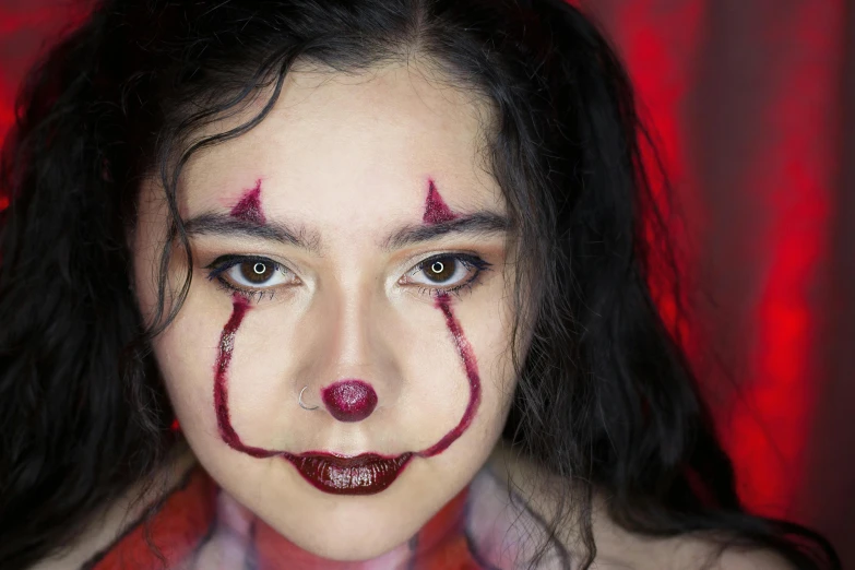 a woman with makeup painted to look like a clown, reddit, big symmetrical scar features, shot with sony alpha 1 camera, square, ilustration