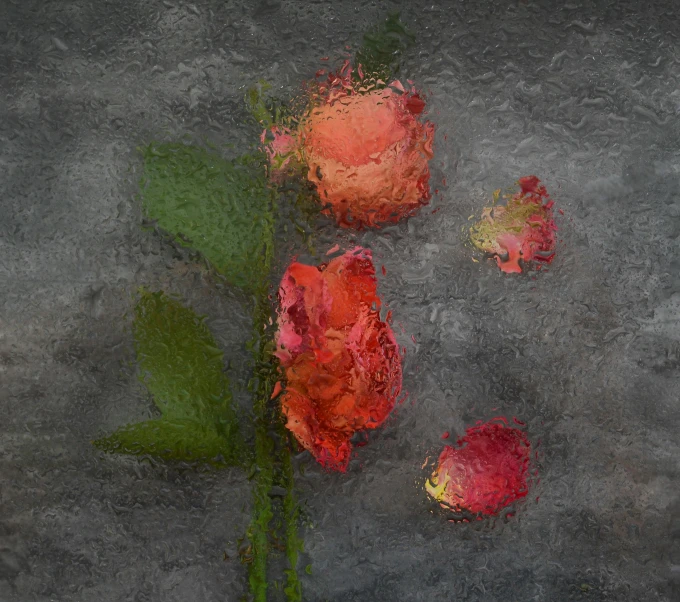 a painting of flowers in a vase on a table, a digital painting, inspired by Henri Fantin-Latour, romanticism, red neon roses, dull grey expressionism, top - down photograph, lacquer on canvas