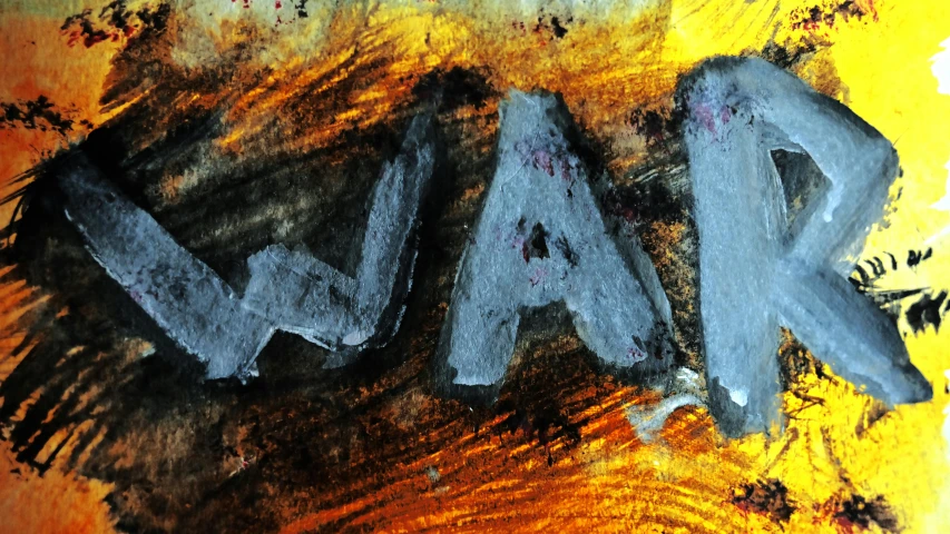 a painting with the word war written on it, a cave painting, inspired by Colin McCahon, unsplash, digital art extreme detail, scratched metal, avatar image