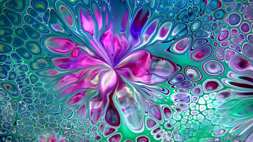 a close up of a painting of a flower, digital art, trending on pixabay, psychedelic art, turquoise pink and green, pearlescent skin, digital ilustration, flowers inside of a marble