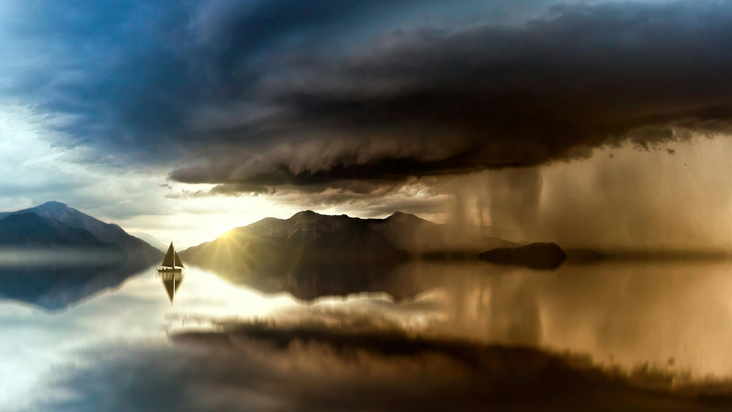 a boat floating on top of a lake under a cloudy sky, a picture, inspired by Michal Karcz, unsplash contest winner, storm of all storms, new zealand, dramatic golden light, distant mountains lights photo