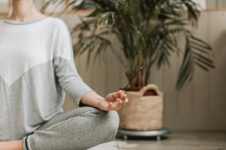 a woman sitting in the middle of a yoga pose, trending on pexels, visual art, holding a wand, next to a plant, grey, wearing a tracksuit