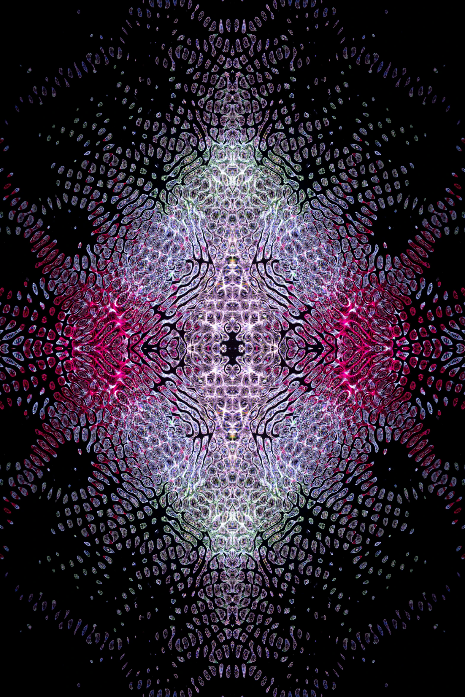 a pink and blue pattern on a black background, a digital rendering, by Jon Coffelt, stippled light, shpongle, pincushion lens effect, made of crystalized synapse