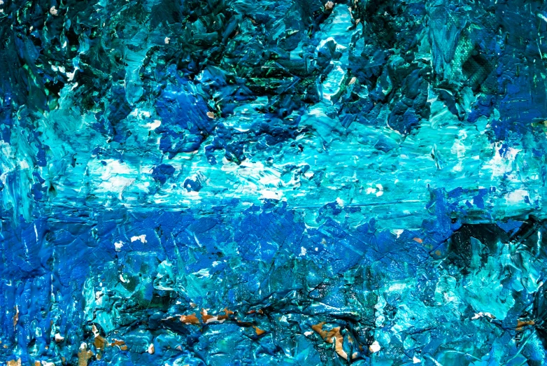 a close up of a painting of blue paint, a detailed painting, inspired by Per Kirkeby, pexels, abstract expressionism, underwater glittering river, glass shards, vista view, teals
