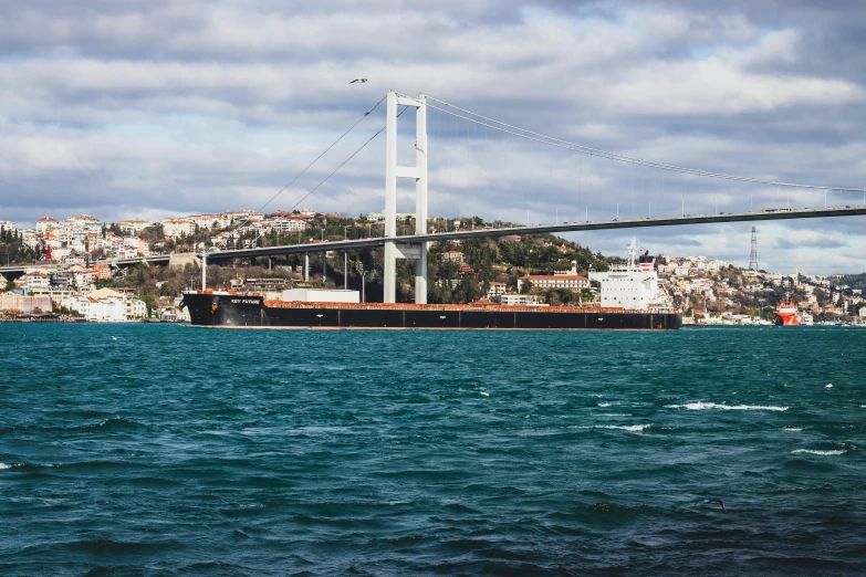 a large boat in the water near a bridge, inspired by Elsa Bleda, pexels contest winner, hurufiyya, turkey, utilitarian cargo ship, 🚿🗝📝, panoramic