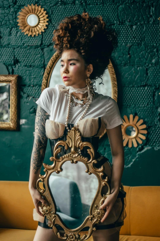 a woman standing in front of a mirror, an album cover, inspired by Hedi Xandt, pexels contest winner, rococo, of taiwanese girl with tattoos, ashteroth, (steampunk), corsets